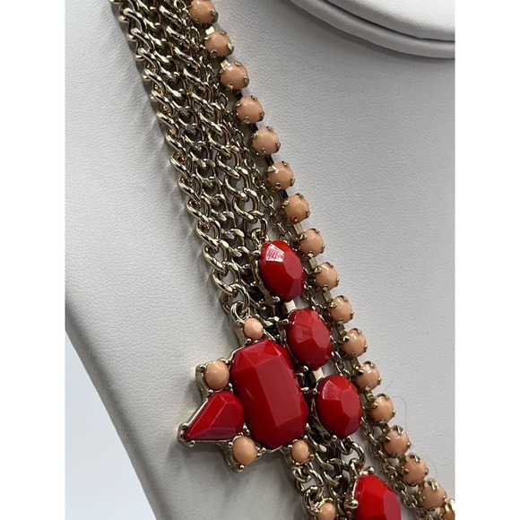 J. Crew Red Pink Peach Gold Tone Layered Multi Strand Rhinestone Necklace - Picture 5 of 14